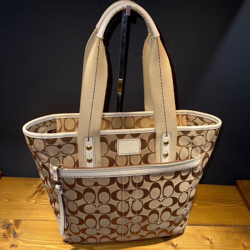 Vintage Coach 8679 Signature Tote Purse Khaki Brown Jacquard Canvas Y2K Bag